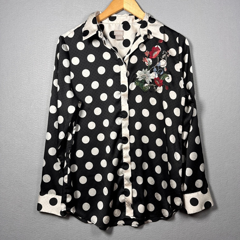 Chicos Polka Dot Floral Embroidered Button Down Blouse Black White Size 0 S